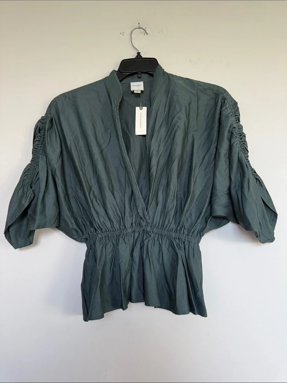 Maeve Teal Green V-Neck Ruched Sleeve Peplum Top - Picture 2 of 10